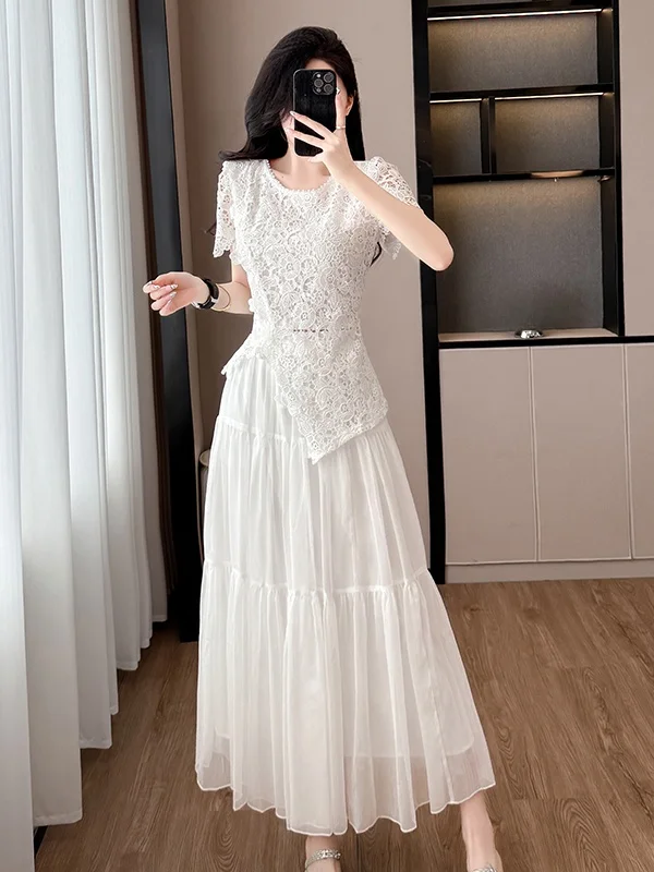 Ele الدانتيل والتطريز الجوف خارج الأعلى وتنورة قطعتين مجموعة المرأة عطلة الصيف فريدة من نوعها جميلة Faionable #1