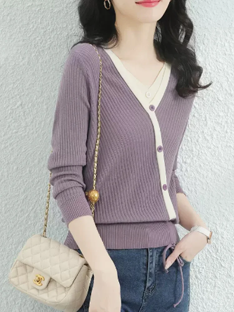 

Basic Sweater Women V-Neck Stitching color simple Knitted pullove Long sleeve Casual Loose Autumn Winter Women clothing