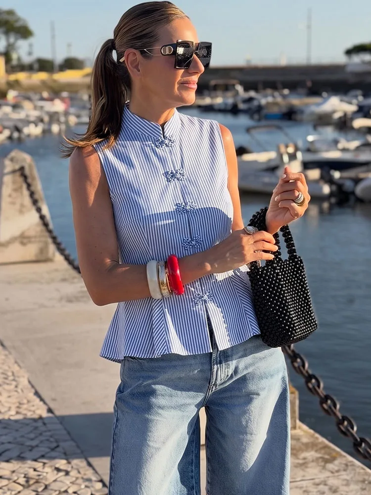 HH Women Summer Chic Chinese Style Striped Peplum Blouse Mandarin Collar Frog Button Sleeveless Flared Hem For Brunch Party Wear