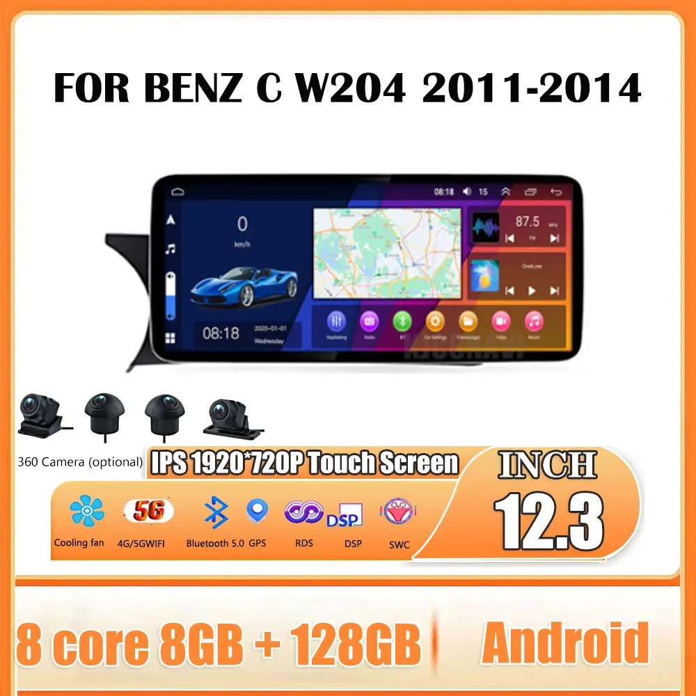 12.3 Inch For Benz C W204 2011-2014 Android 14 Touch Screen Car Accessories Auto Carplay Video Radio Monitors Multimedia Player