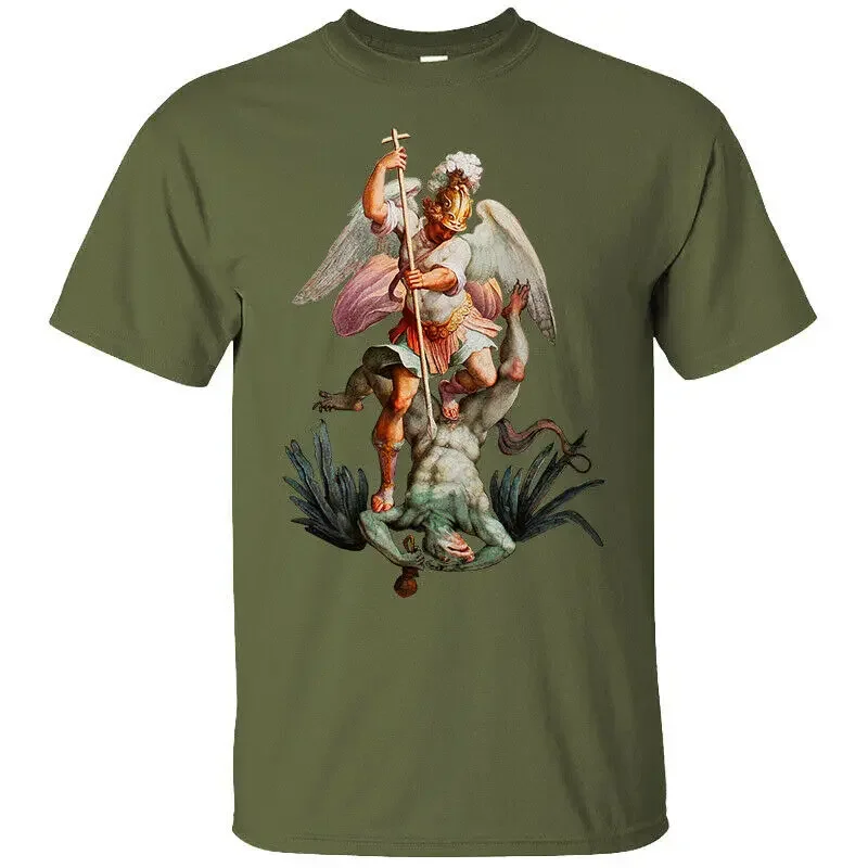 Saint Michael The Archangel Destroy Devil Catholic T-Shirt. Premium Cotton Short Sleeve O-Neck Mens T Shirt New S-3XL