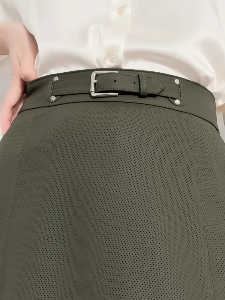 Neue Mode Frauen Aushöhlen Hohe Taille Echtes Leder Röcke A-linie Gürtel Slim Fit Arbeit Dame Echt Schaffell Unterhalb Knie rock