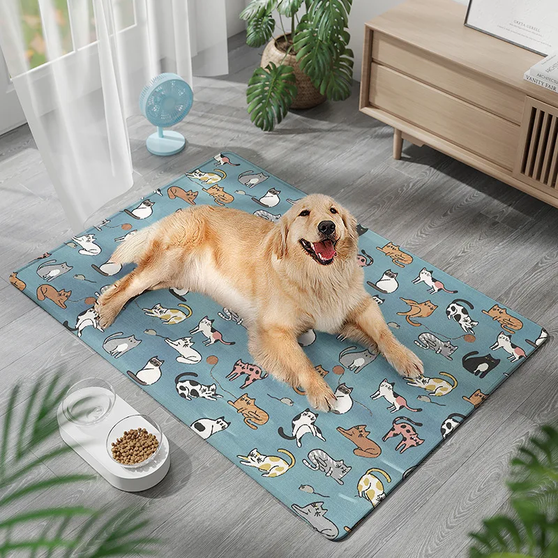 Summer Ice Silk Pet Cooling Mat Cute Cartoon Cat Dog Sleeping Pad Non Slip Moisture Proof Bite Resistant Washable Cool Cushion