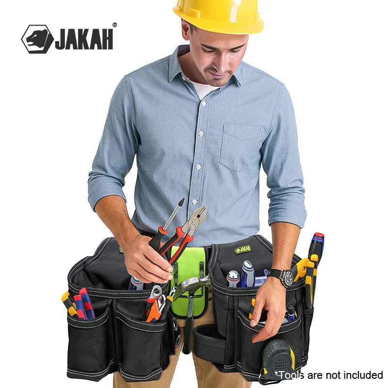 Jakah Heavy-Duty Tool Belt, 10-Pocket Electrician Tool Pouch Organizer, Tool Bag with Adjustable Waist Strap, Hammer Holder
