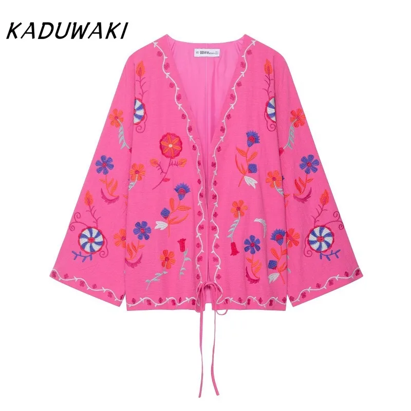 

KADUWAKI Embroidery Top Fashion New Lace Up Long Sleeve Cardigan for Women Loose Pink Women's Coat Vacatio Style Jackets 방수자켓