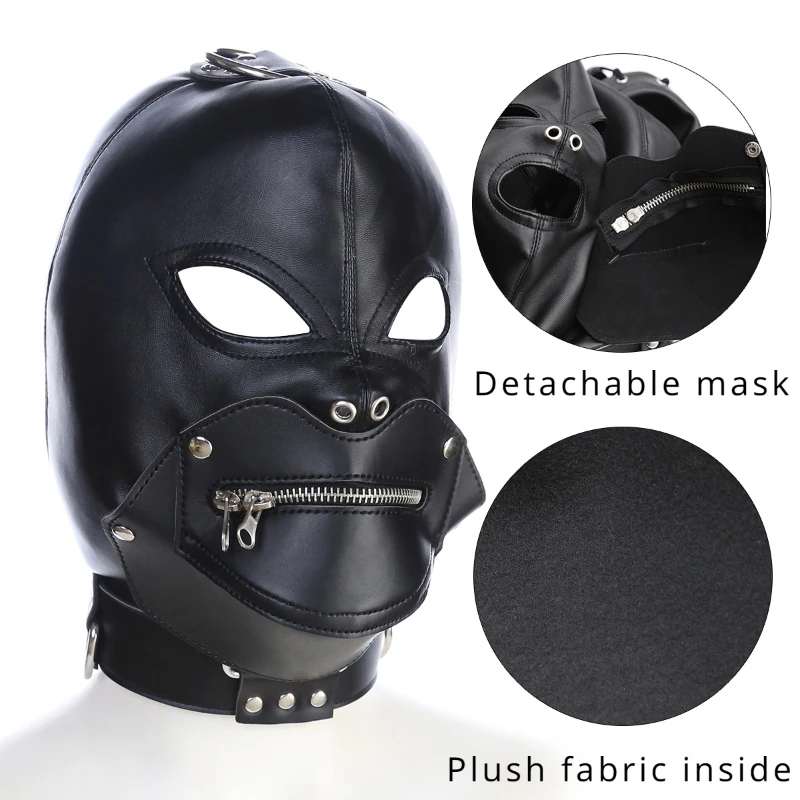 BDSM Sex Black Pu Leather Head Bondage Hood Mask Open Eye Mouth with Erotic Couple Flirting Toys Adjustable Mask Cosplay Harness