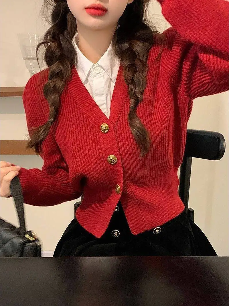レッド V ネック オープン カーディガン ニット セーター レディース 春 秋 冬 Sle JK orm トップ ウエストシェイプ スリミング カレッジ Sle