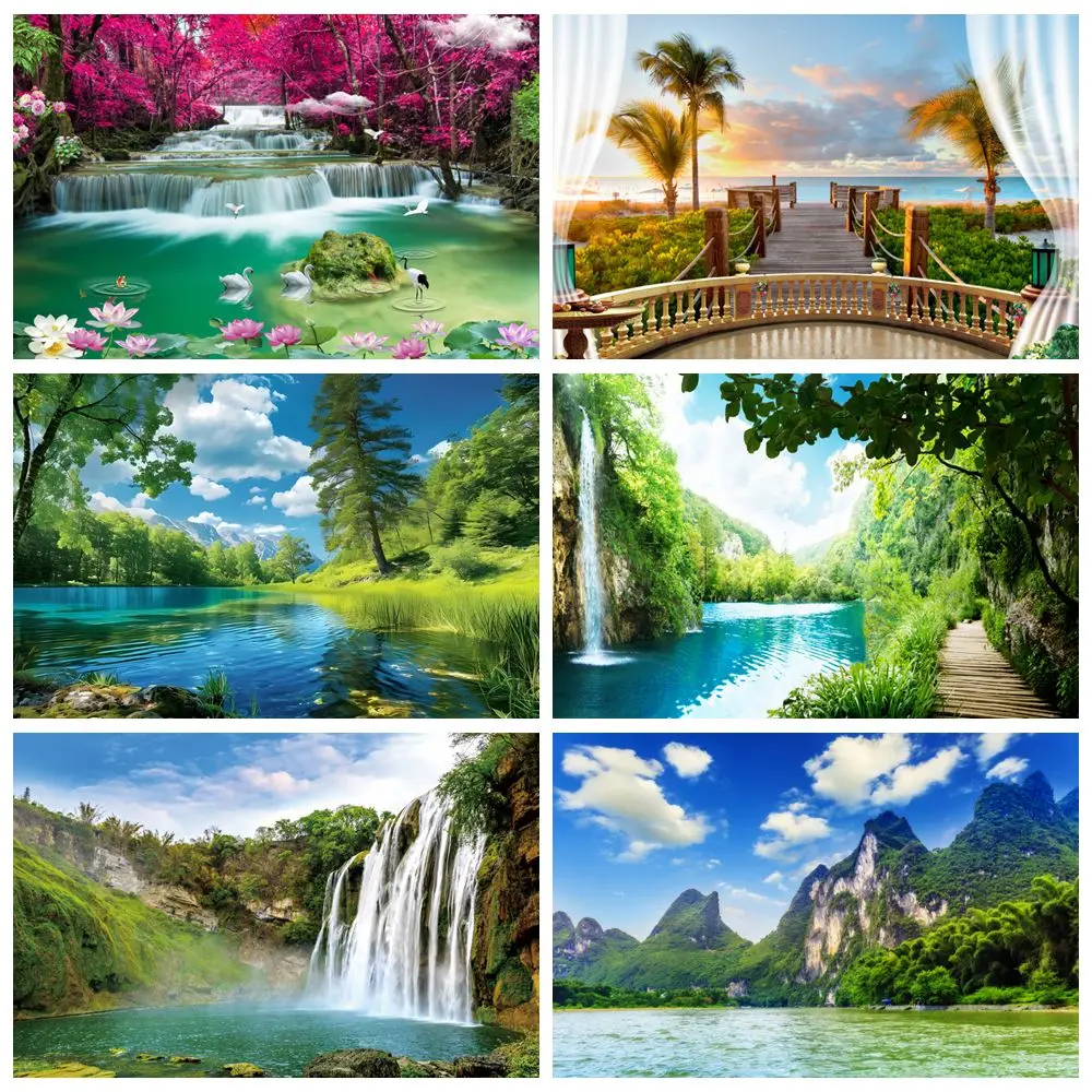 Nature Scenery Waterfall Mountain Water Backdrop Spring Landscape Window Summer Forest Jungle Background Photography Banner Prop