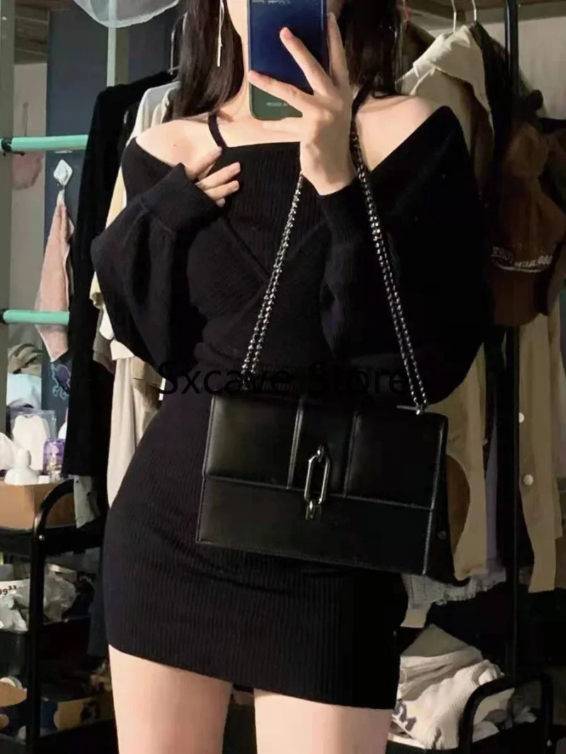 2024 Spring Casual Knitted Dress Women Long Sleeve Y2k Clothing Bodycon Black Mini Dress Office Lady Party One Piece Dress Korea