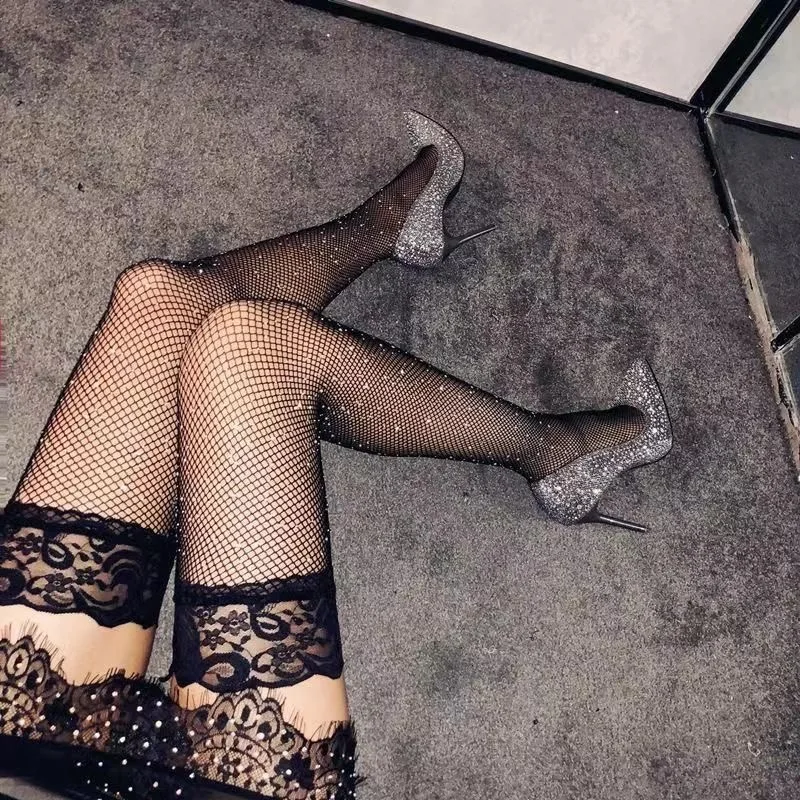 

Sexy Mesh Stockings Lace Top Sheer Stay Up Knee Thigh Highs Stockings Shiny Crystal Rhinestone Fishnet long meias hosiery socks