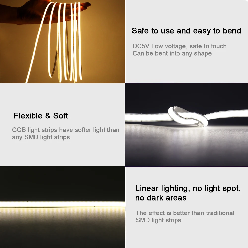 5mm 5V COB LED Strip Light USB High Density Linear Lighting 320Led/m Dimmable Flexible Led Tape Warm Natural White 9 Colors