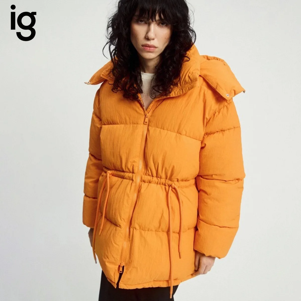 Women Drawstring Cinched Waist Mid-Length Puffer Jacket, Full Zip Side Pockets Quilted Padded Coat, Winter Warm Casual Outerwear