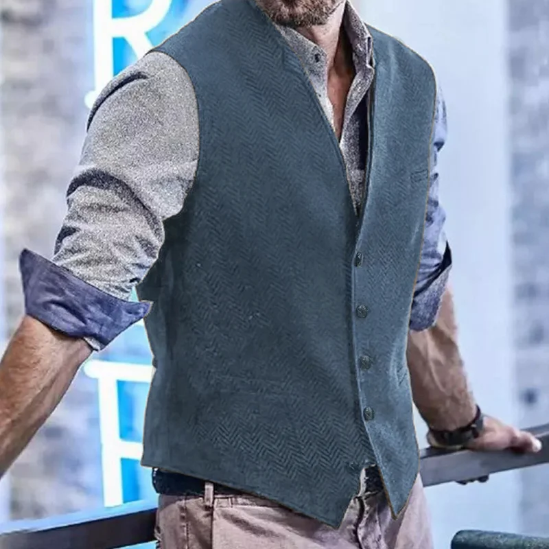 

Herringbone Men Vest Light Blue Solid Waistcoat Daily Casual For Banquet Wedding Business Work Formal Set Men Suit Vest