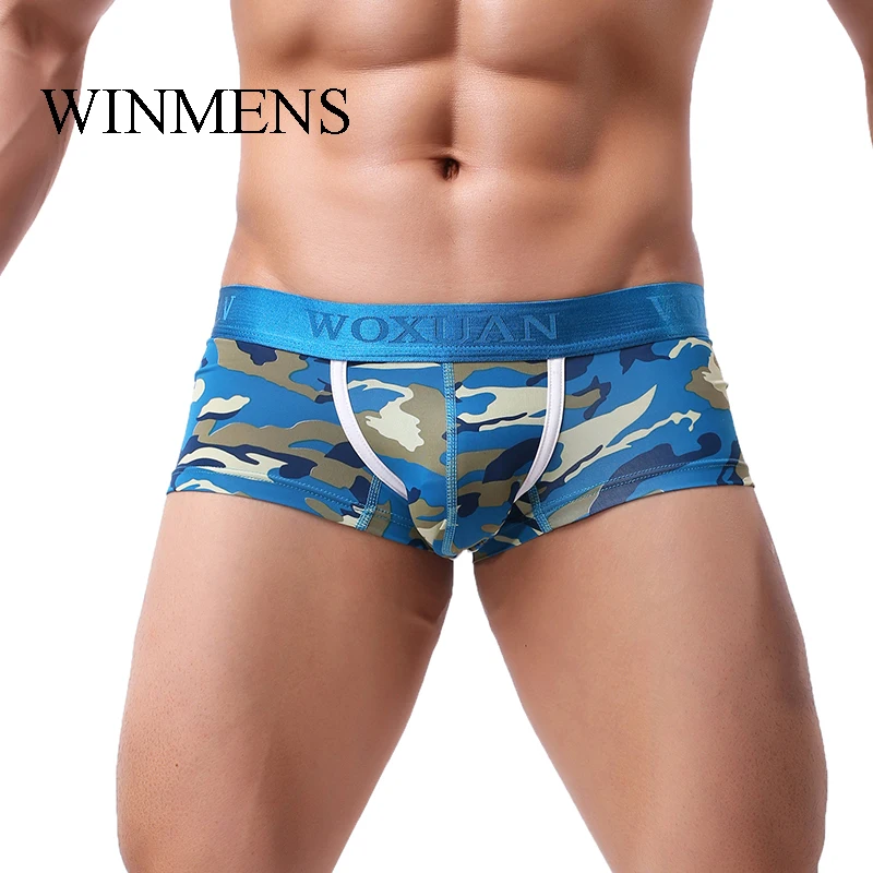 Bañadores militares para hombre, bolsa convexa en U elástica, calzoncillos Boxer de camuflaje para hombre, ropa interior de cintura baja, calzoncillos transpirables sin costuras