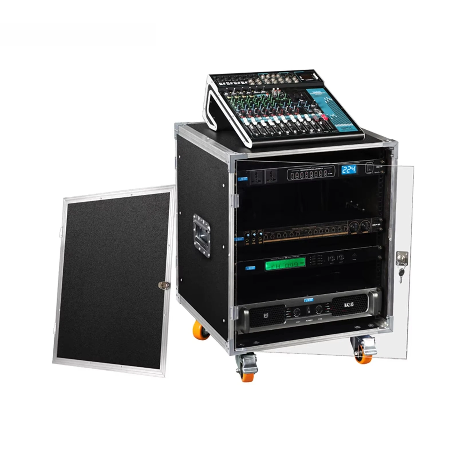 

8U/10U/12U/16U Aluminum Flight Case Rack With Wheels Storage Audio Mixer Amplifier Cabinet Drawer With Wooden/Transparent Door