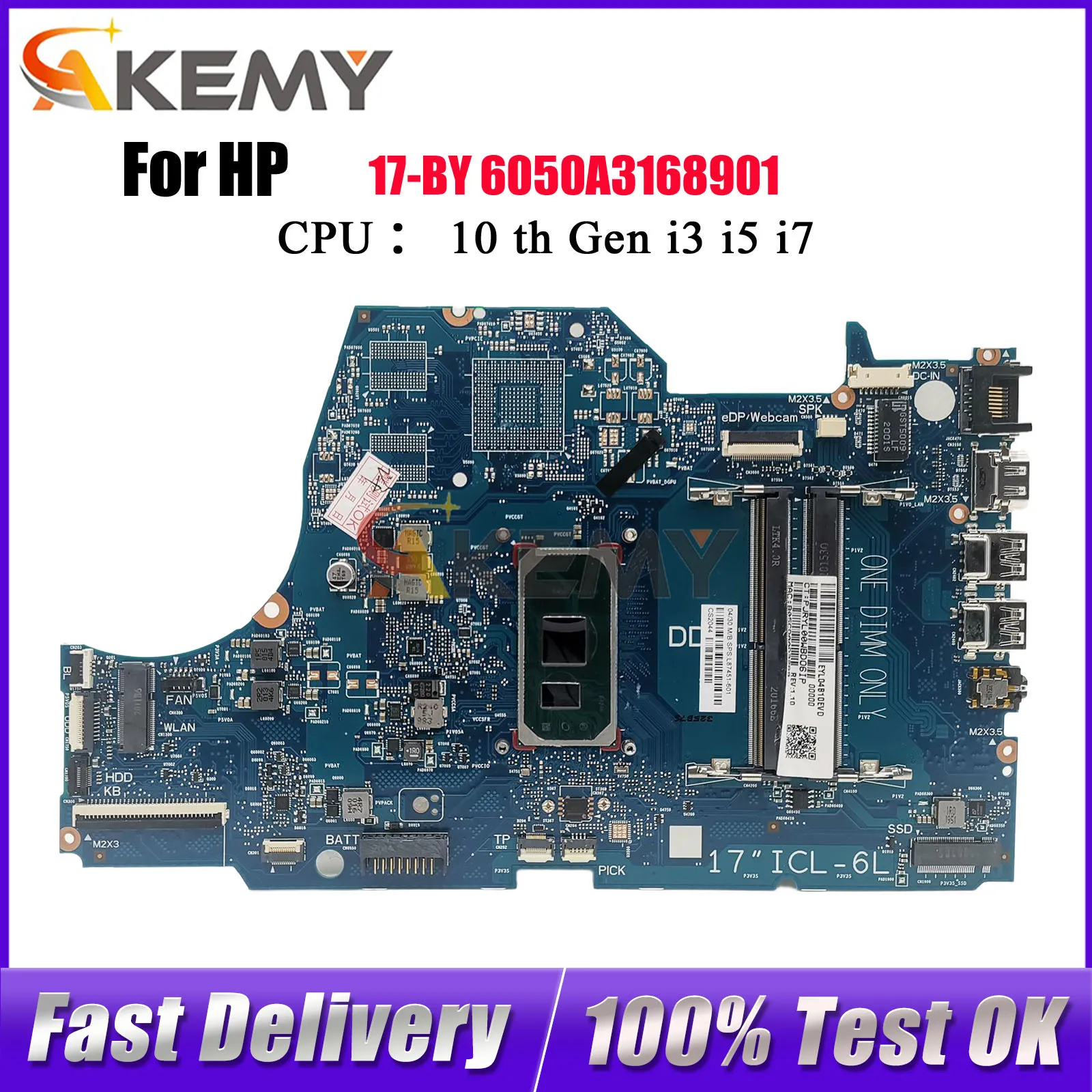 

6050A3168901 для ноутбука HP 17-BY 17T-BY, материнская плата с процессором i3 i5 i7 UMA DDR4 L87450-601 L87451-601, 100% полностью протестировано