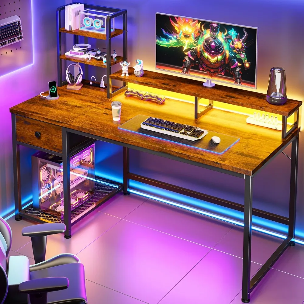 

Computer Desk with LED Lights, Gaming Desk with Drawers, Home Office Desks with Power Outlets and Storage, Office Desks with Mo