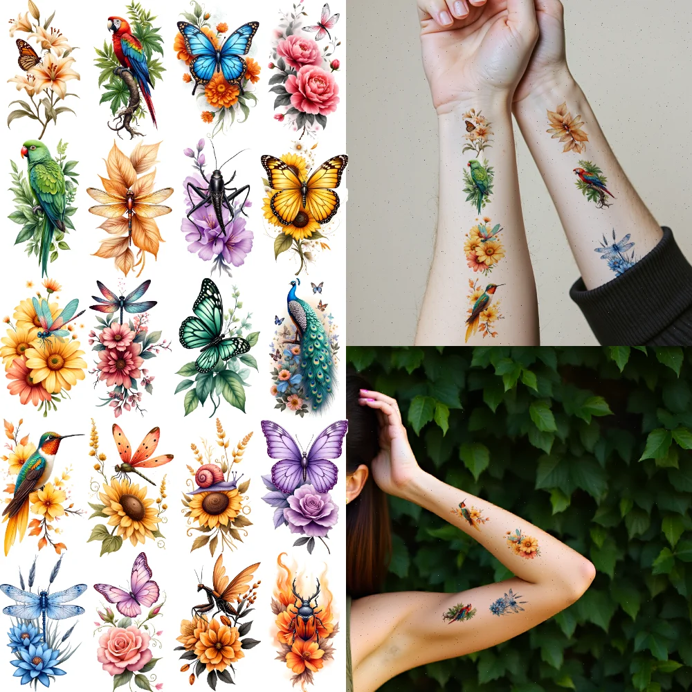 

63pcs Temporary Tattoo Flower Colorful Bird Butterfly Temporary Tattoo Stickers Peacock For Shoulders Arms Adult