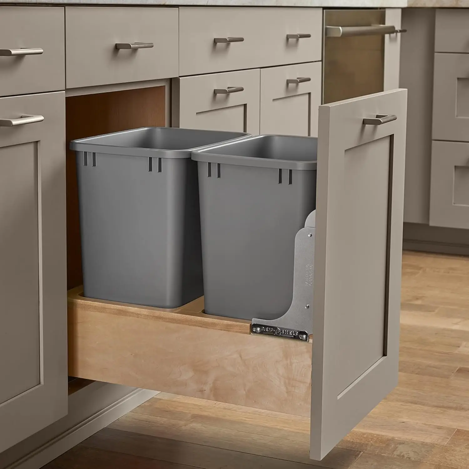 Double 35 Quart Pull Out Under Cabinet Trash Can with Soft  Close Slide System, Metallic Silver, Maple Wood Bottom 4WCBM-18DM-2