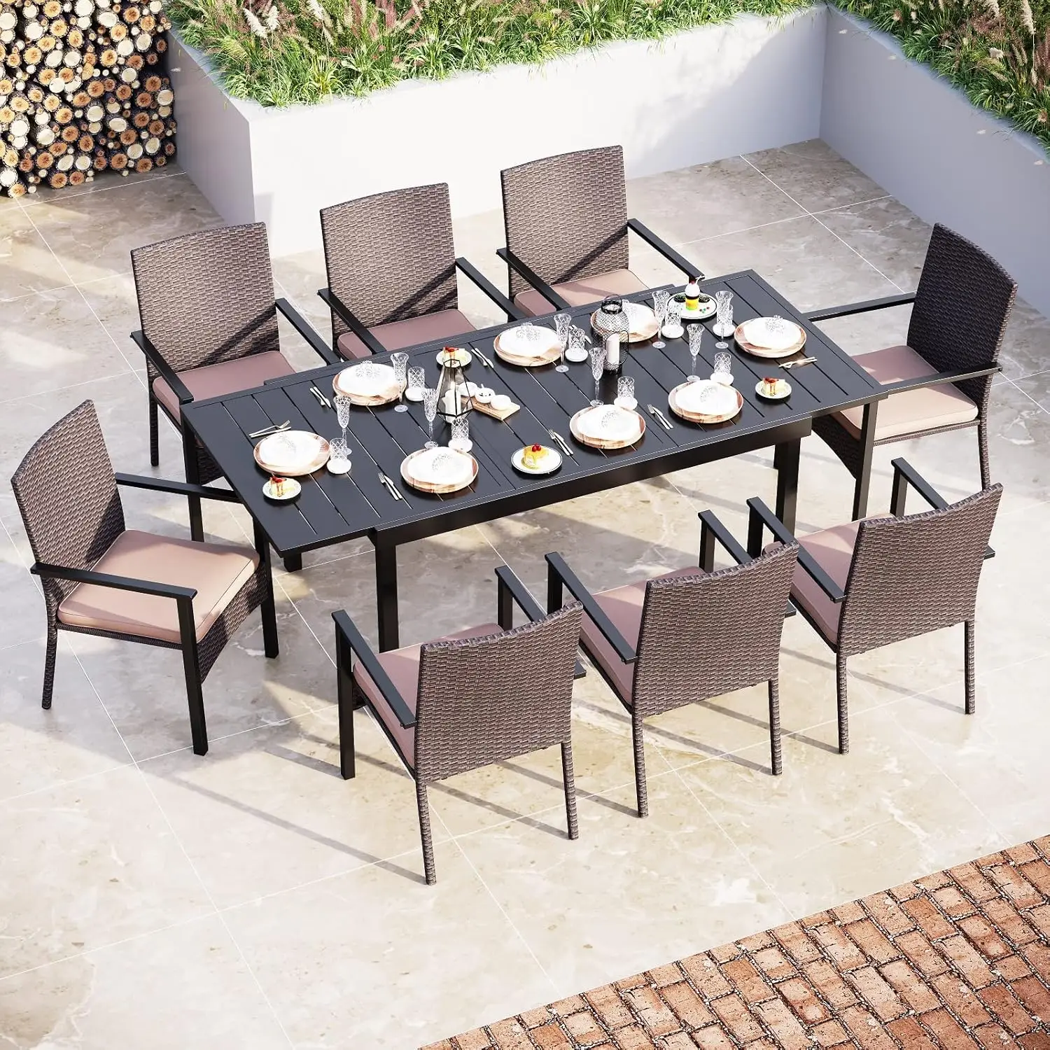 Outdoor 9 Pieces Patio Dining Set for 6-8 People, Outdoor Expandable Rectangle Metal Table and PE Rattan Chairs with Cushions