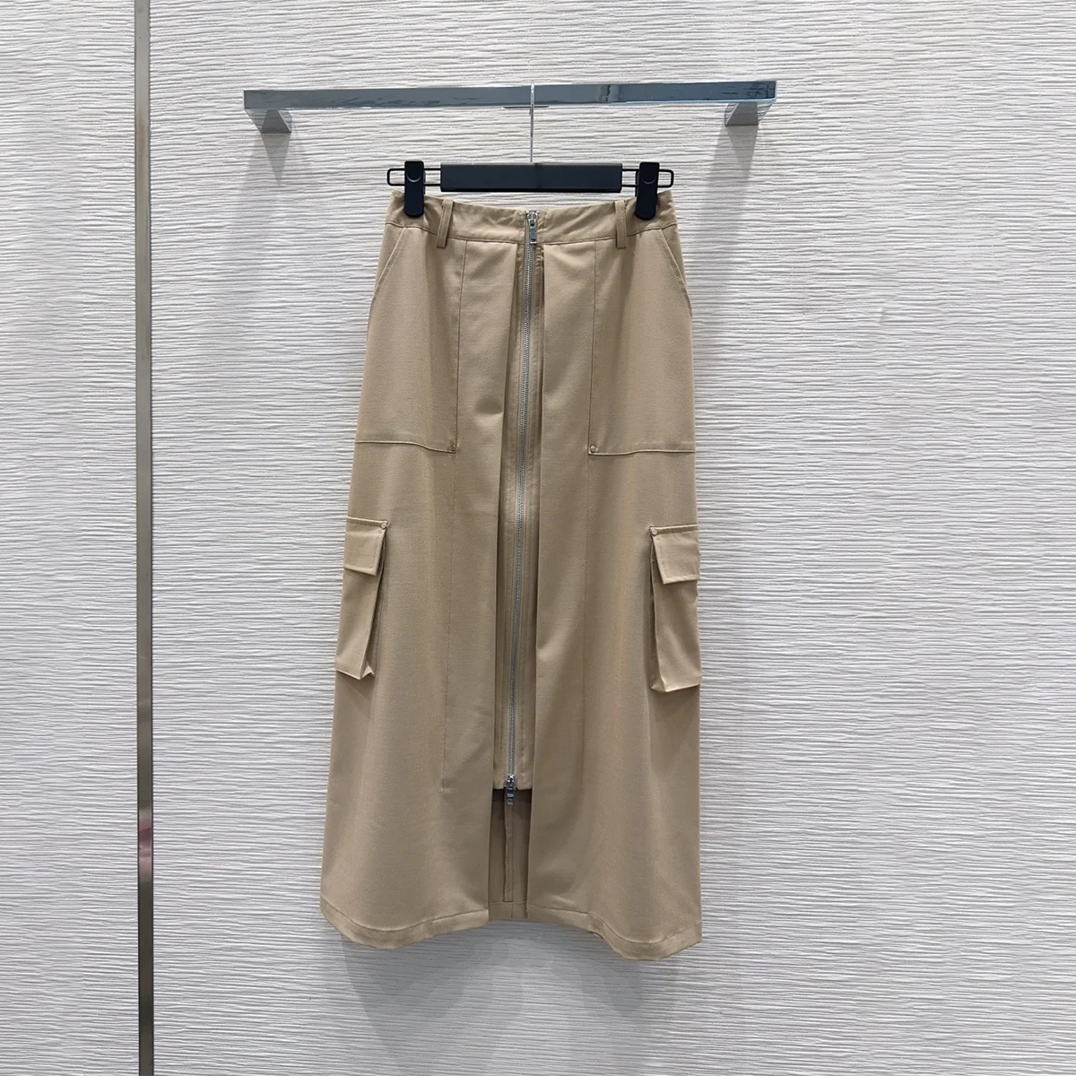 2026 high-quality women's American workwear style midi skirt with detachable front zipper and slit pocket, high waist--hb804