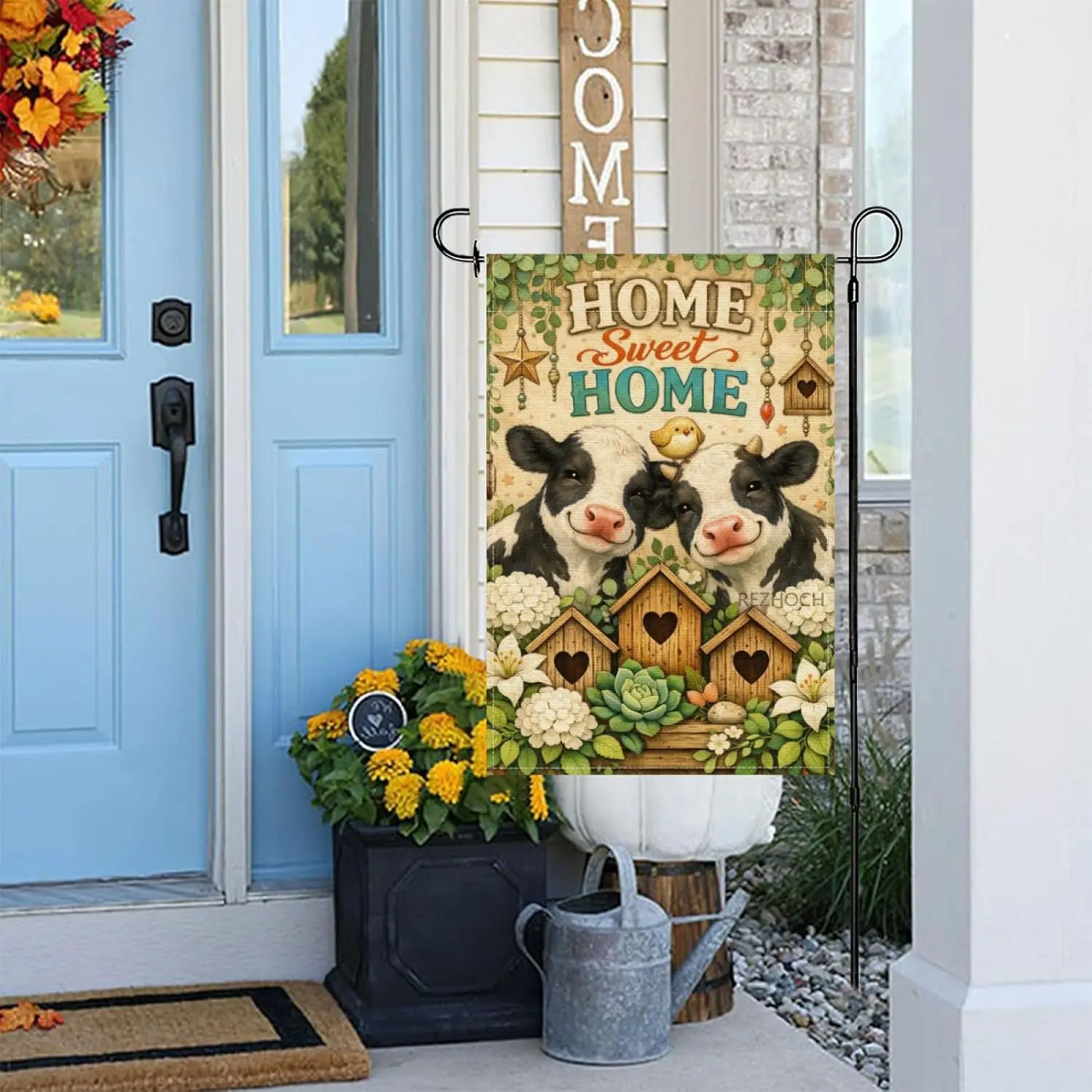 Boho Funny Black and White Cow Garden Flag 12x18Inch,Home Sweet Home Outdoor Floral Farmhouse Yard Decor,Rustic Cottage Cute AAS