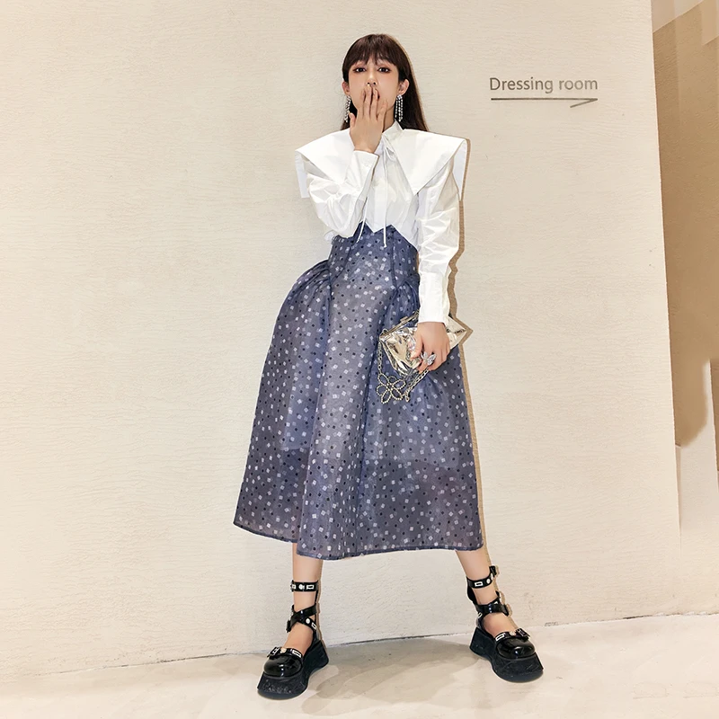 

Юбка миди с принтом и высокой талией ICYNUDE Store Square Print Slim, пышная юбка А-силуэта, осенняя, с эффектом утяжки талии