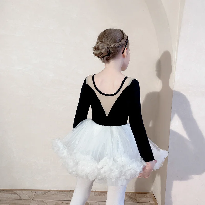 Hot Sale High Quality Kids Girls Dance Set Dance  Dress Costumes Long Sleeve Black Gray Mesh Ballet Leotard With Skirt