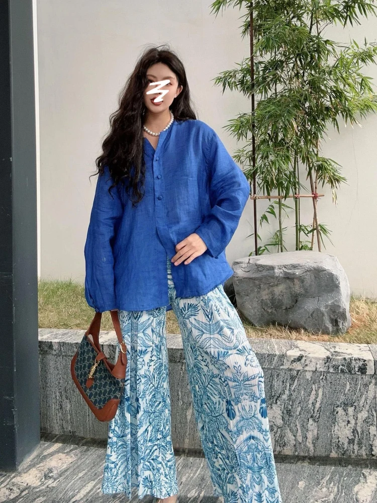Loose Blue Floral Print Wide Leg Pants Women's Summer High Waist Pleated Casual Trousers Flattering plus Size Korean Style
