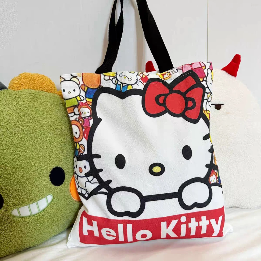 

Kawaii Hello Kitty Canvas Bags Sanrio Cartoon Kt Cat Large Capacity Reusable Shopping Bag Student Book Storage Bags Girls Gifts