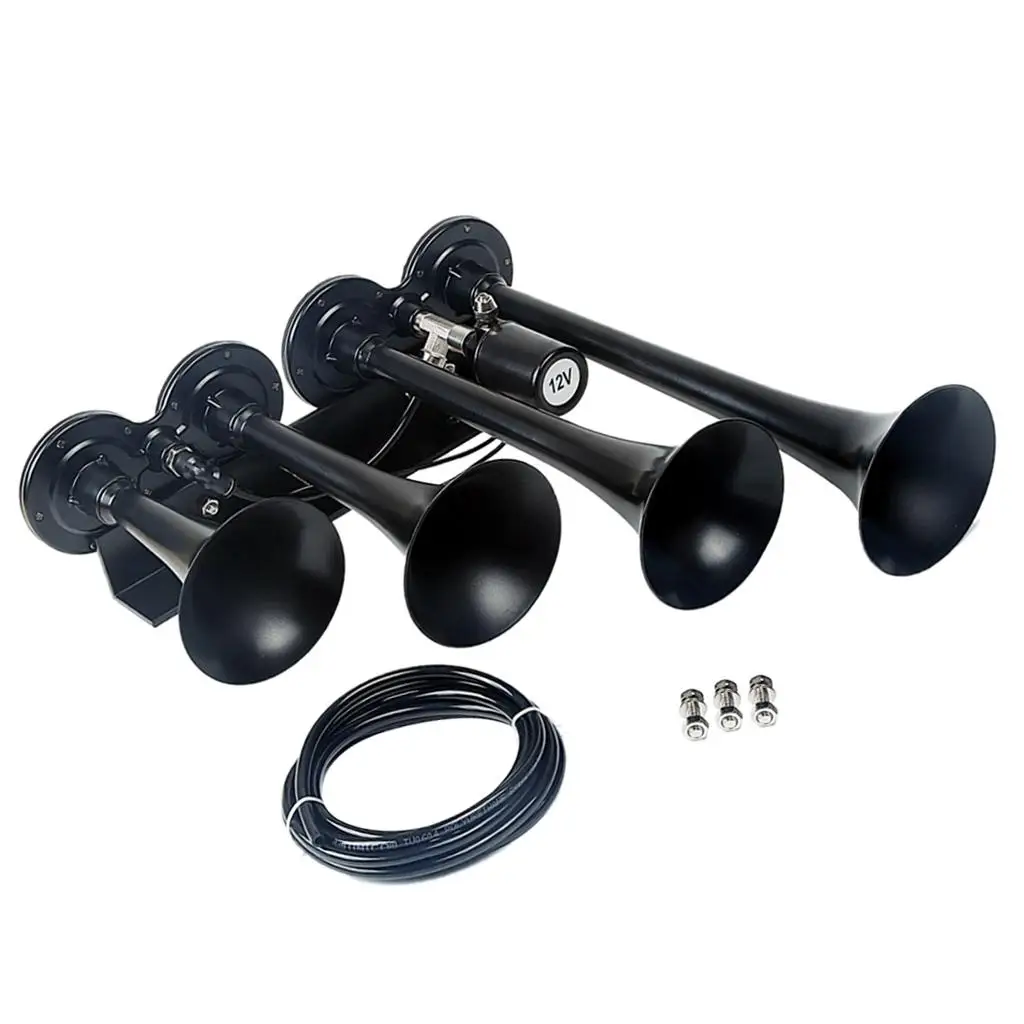 

4/Four Trumpet Quality Trumpet Air Horn with 12 Solenoid, Loud 150db for Truck Lorry Boat Train, Black AS097AB