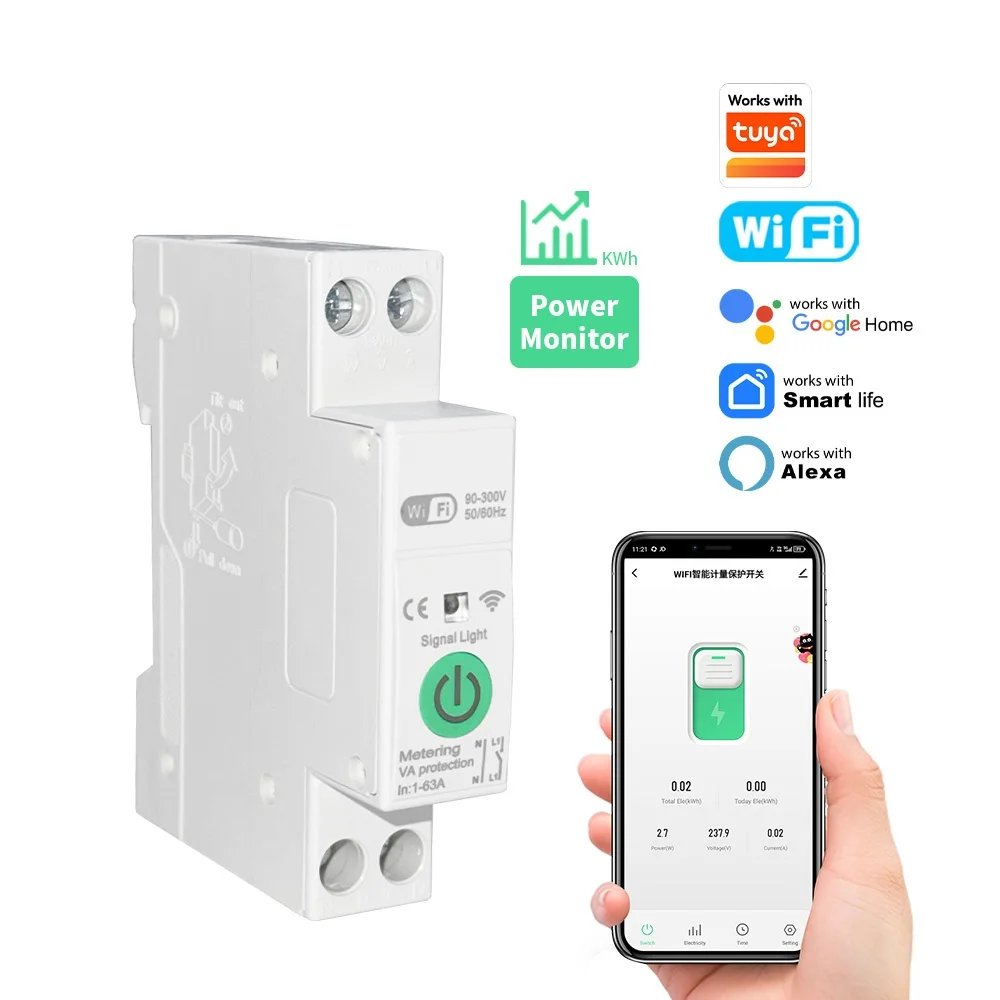 TUYA WIFI Smart Circuit Breaker Power Metering Max 63A 1P DIN Rail  With protection function