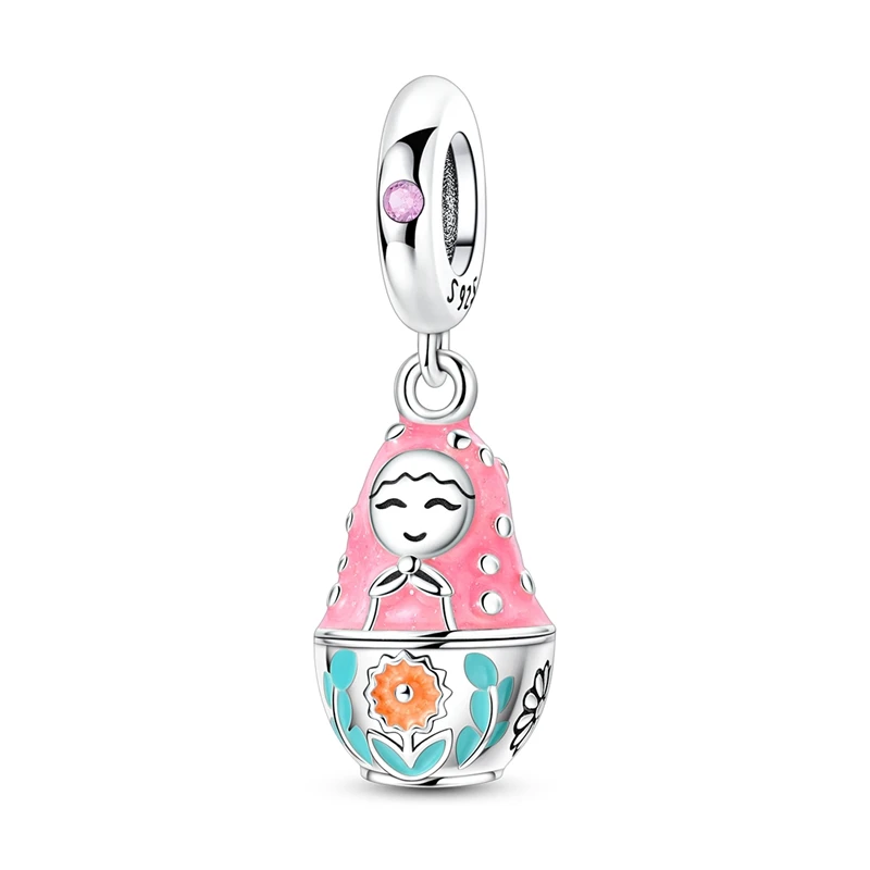 925 Sterling Silver Charms Bead Pastel Russian Nesting Doll Dangle Fit Original Bracelet DIY Women Jewelry