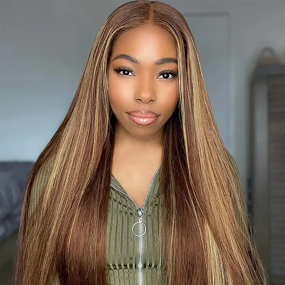 Perruque Lace Front Wig Remy Brésilienne Naturelle, Cheveux Lisses, HD, à Reflets, P4/27, 180%, pour Femme Africaine