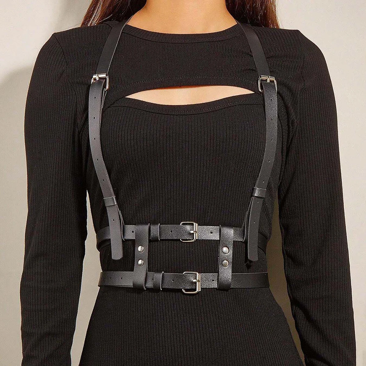Black Adjustable Punk Gothic Harness with Shoulder Straps for Halloween and Party