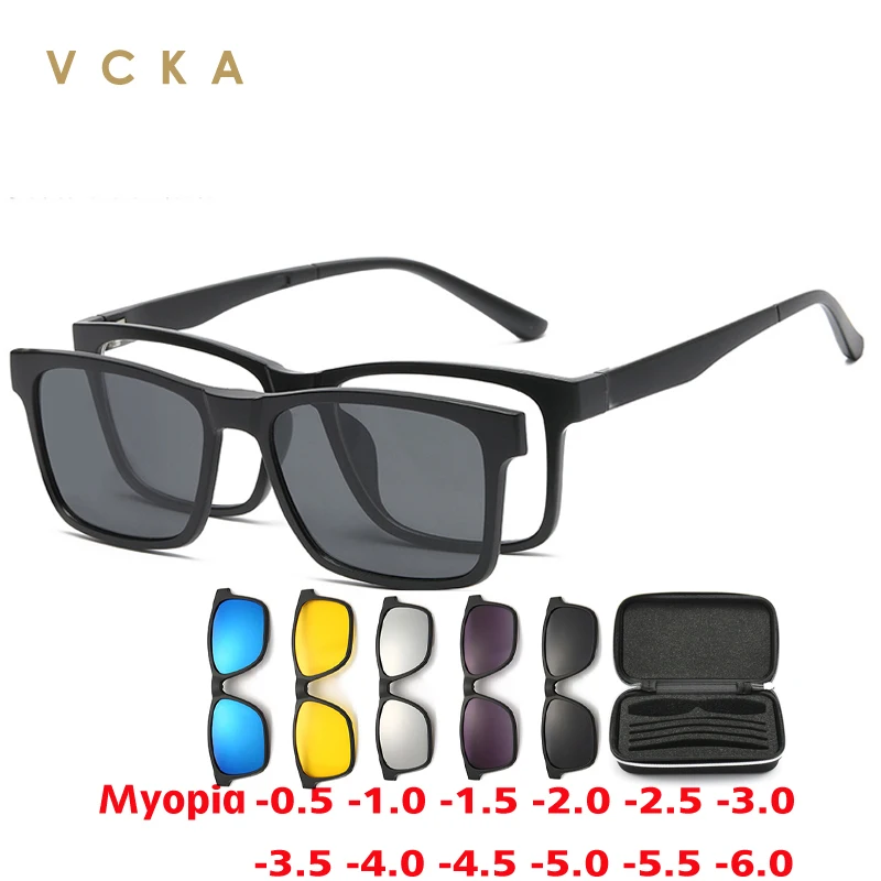 VCKA 6 In 1 Polarized Myopia Sunglasses Men Women Magnetic Clip On Glasses TR90 Optical Prescription Eyeglass Frame -0.5 to-10