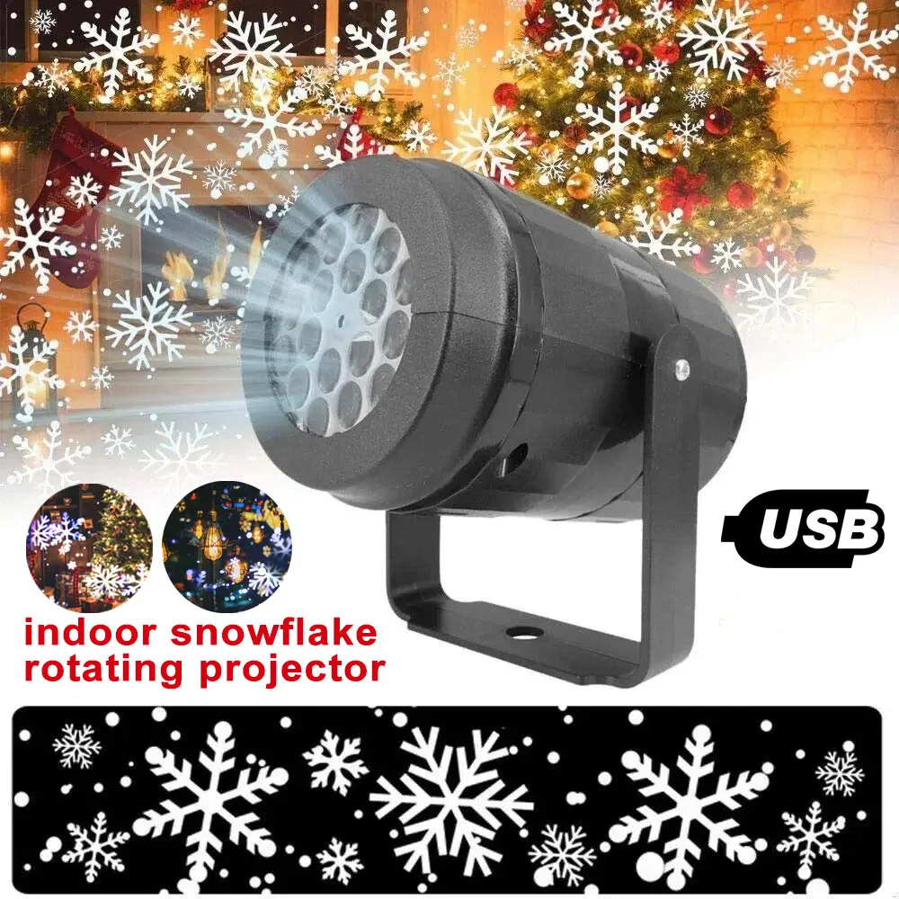 LED Snowflake Christmas Projector Light USB Powered Indoor Rotating Projector Night Light for Xmas Gift Holiday Party Decoration