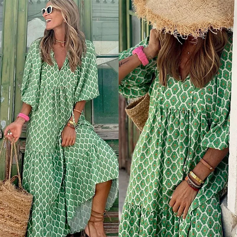 Summer Puff Sleeve Long Dress Women Geometric Print Half Sleeve Dress Boho V-Neck Loose Holiday Beach Dress Vestidos