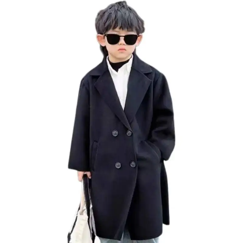 

Boys Woolen Coat Overcoat Jacket Windbreak Black Warm Plus Thicken Autumn Winter Cotton School Children's Clothing