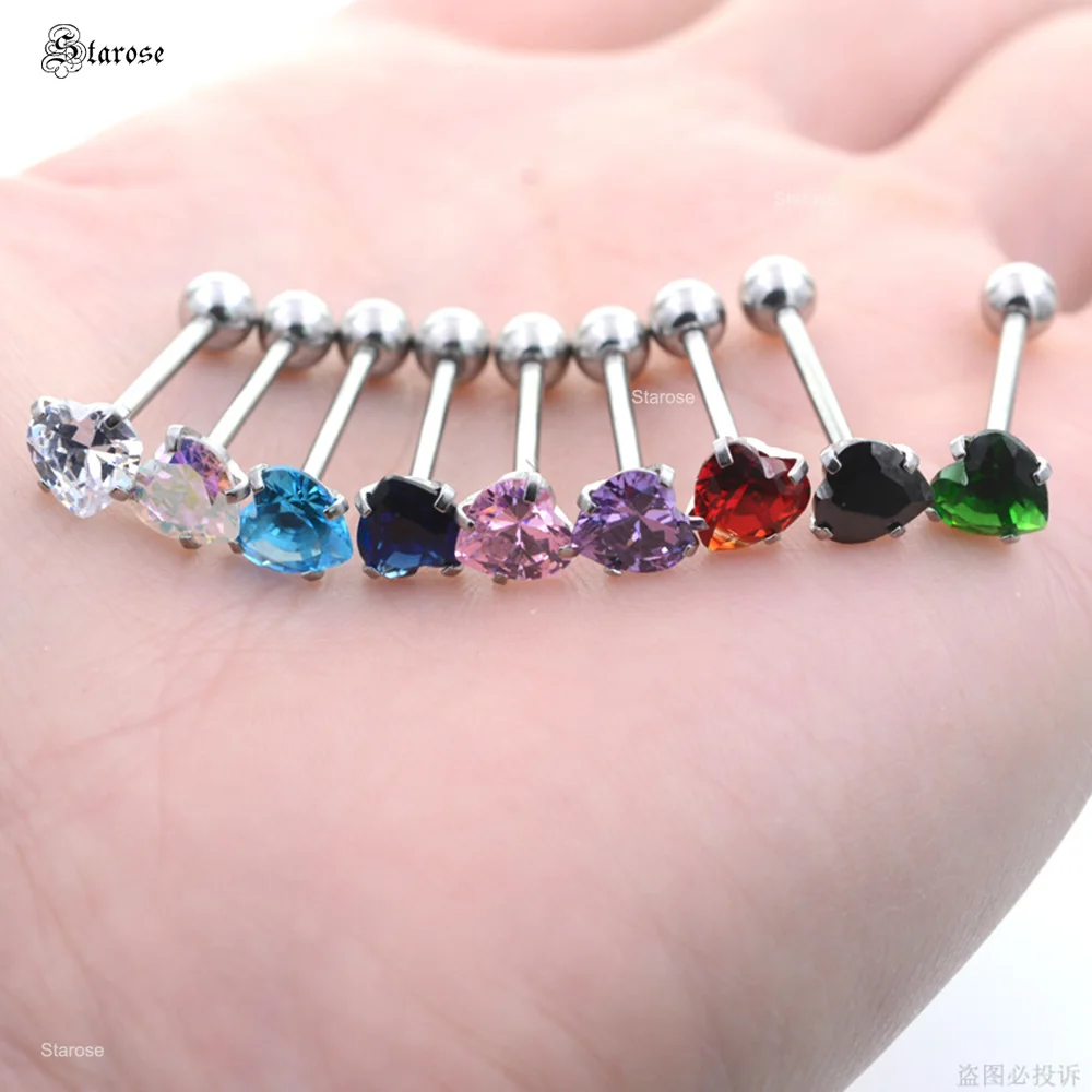 1 قطعة كريستال ستار جولة القلب اللسان ثقب المجوهرات الزركون الحديد حلقات اللسان الفولاذ المقاوم للصدأ الصناعية ثقب الكرة النهاية