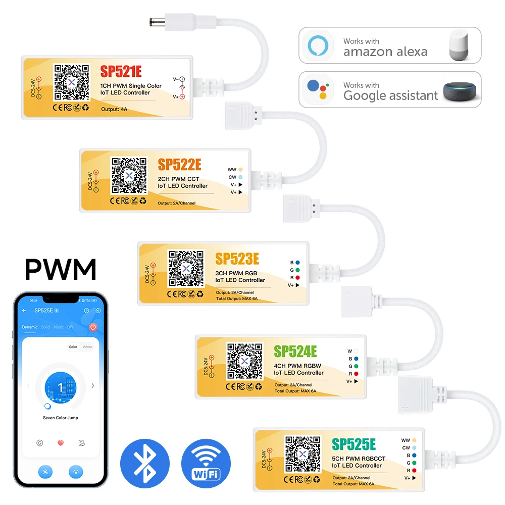 

FCOB PWM LED Controller SP521E to SP525E Controller 5CH RGB RGBW RGBCCT Light Strip Bluetooth WiFi APP Alexa Google Home 5V-24V