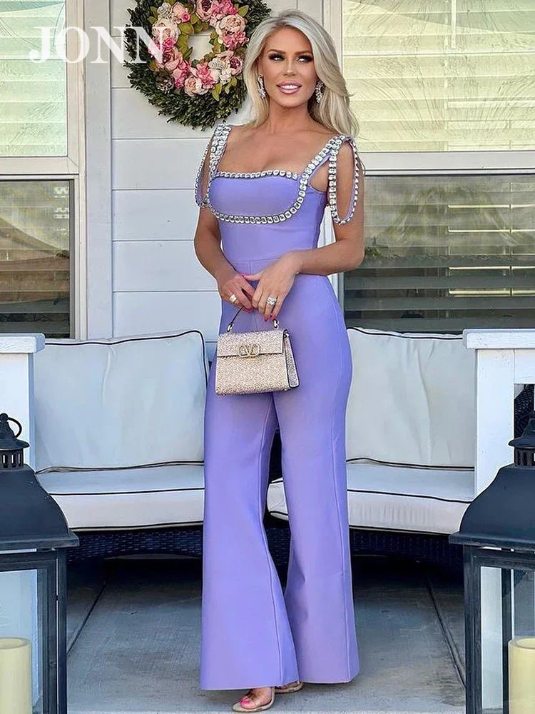 

JONN Elegant Purple Sleeveless Full Length Bandage Bodycon Jumpsuit with Diamond Trim for Women Fashion Clothing Trendy 2024