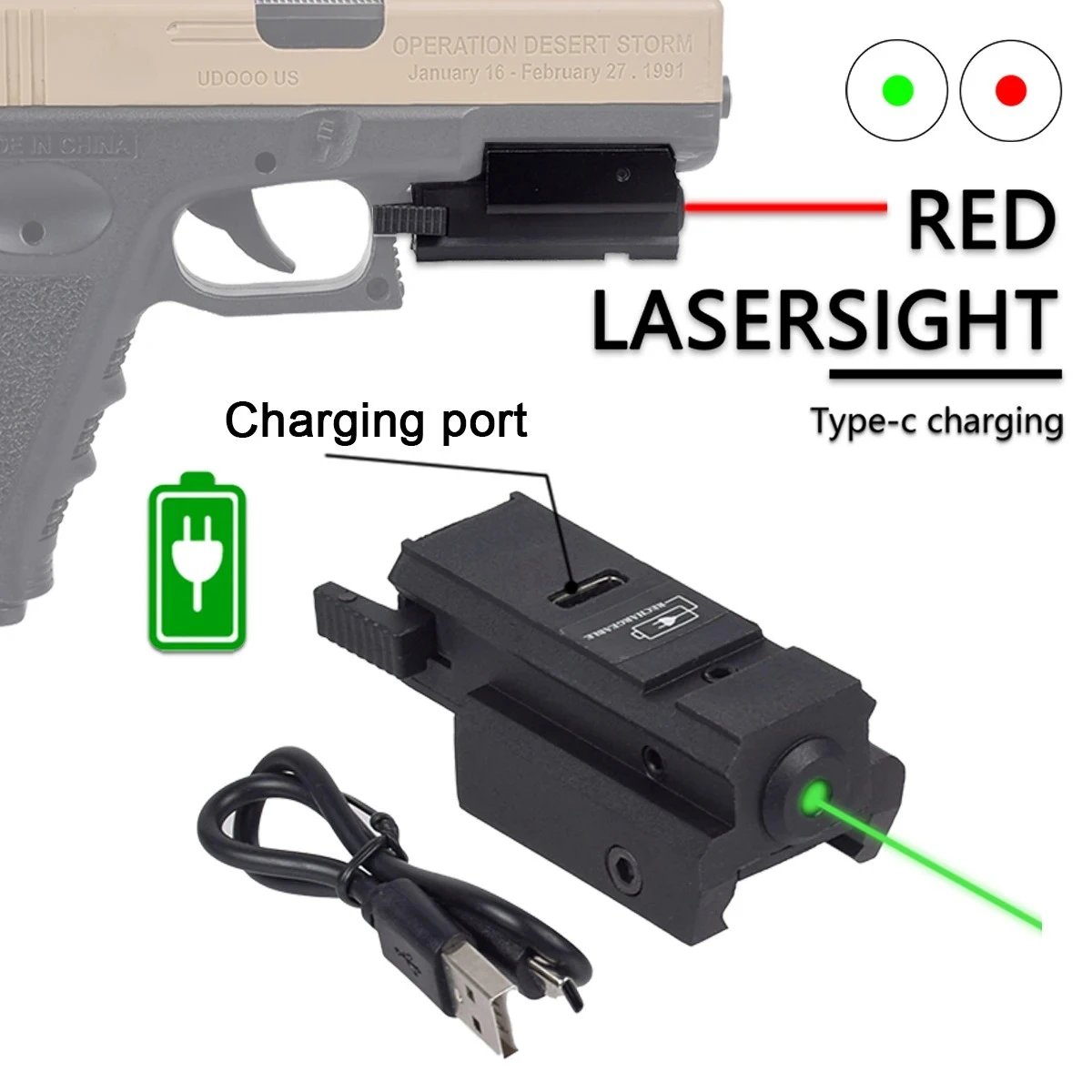Puntero láser rojo y verde con carga USB, pistola láser de potencia Airsoft para riel de 11mm y 20mm, pistola láser recargable G17 G19