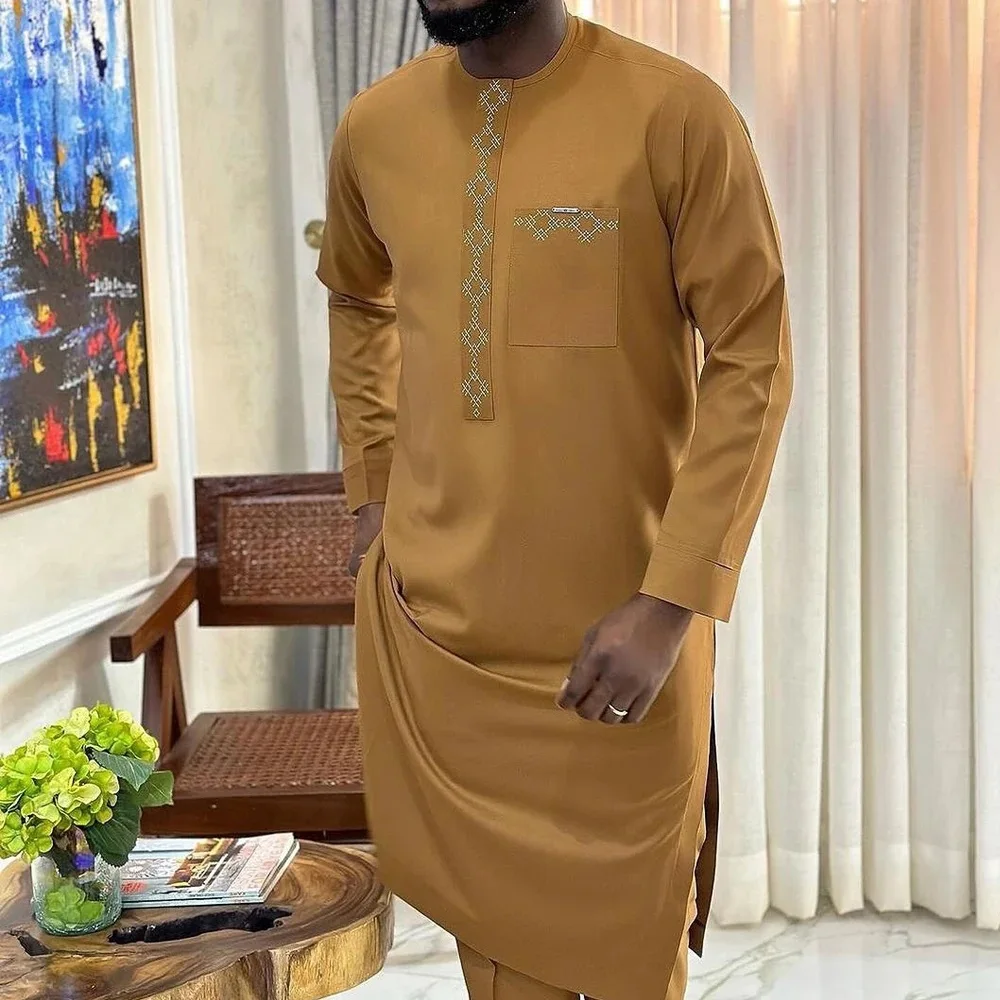 2024 New Kaftan Men\'s Suit Long Sleeve Plain Pocket Pocket Top and Pants 2-piece African Men\'s Traditional Wedding  Busines Suit