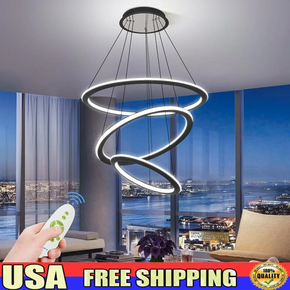 Modern Black 3-Ring LED Chandelier Remote Control Adjustable Height Unique Design High Ceilings Versatile Energy Efficient Long