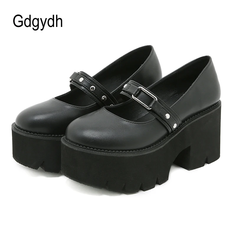 Gdgydh Lolita Shoes Fashion Belt Buckle Round Toe Spring Autumn Casual Ladies Shoes Mary Jane Pumps Solid Black Chunky Heels