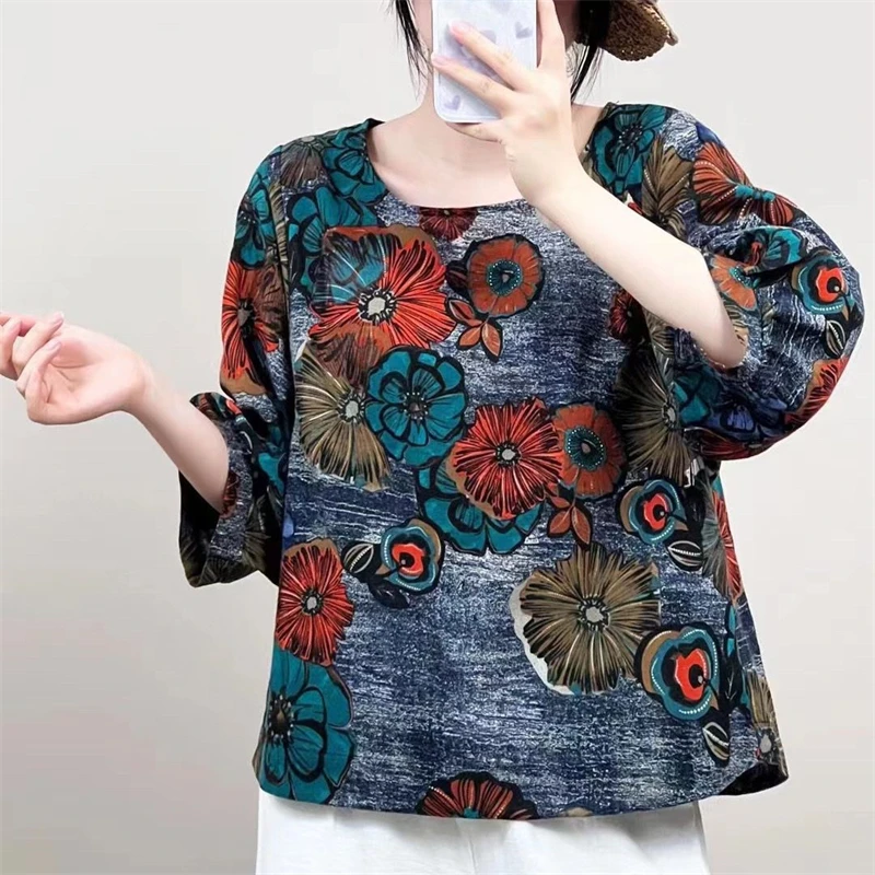 Women Vintage Ethnic Style Print Cotton Linen Blouse Casual Round Neck Three Quarter Sleeve Loose Tops Harajuku Blusas Femininas