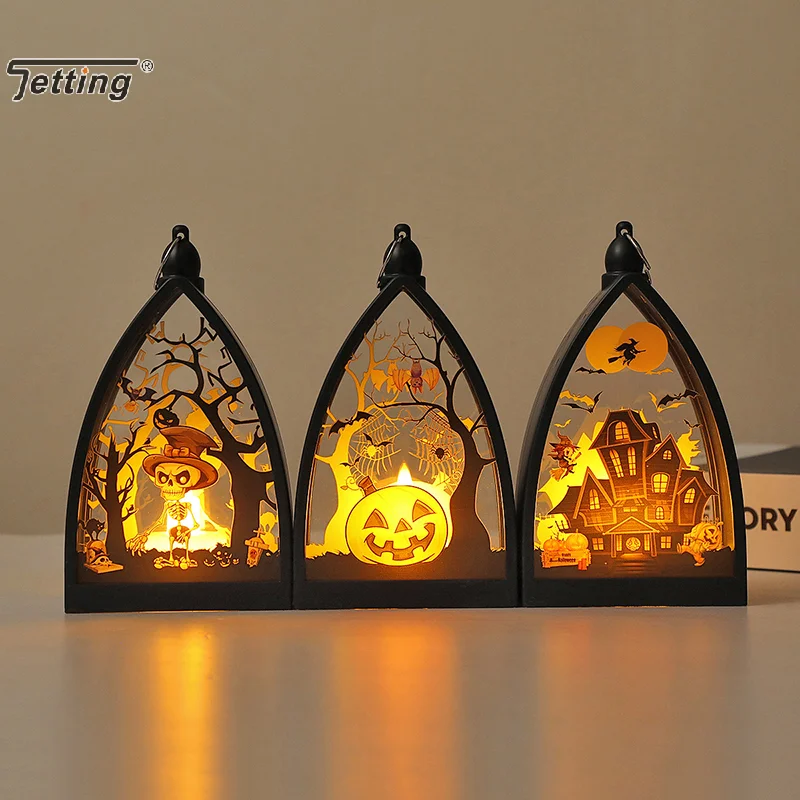 Halloween Laternenlichter - Dekoration Vintage LED Kürbislichter |   Tischlaterne mit Skelett-Kürbis-Schloss |   Lampenornament