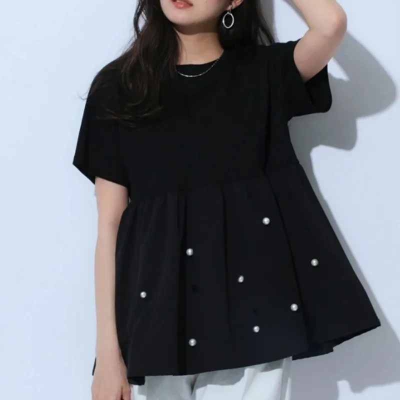 Spliced Pears Ropa Mujer Tunic Hem Camisetas O-neck Short Sleeve Tops New Roupas Summer 2024 T Shirt Solid Color Tees