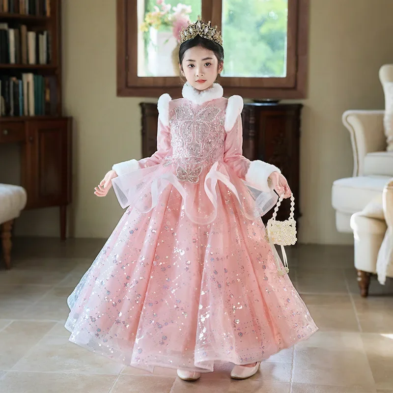 Kids Girl Winter Wedding Party Little Girl Long Sleeves Sequin Princess Dress Child Girl Thick Velvet Dress For Holiday New Year